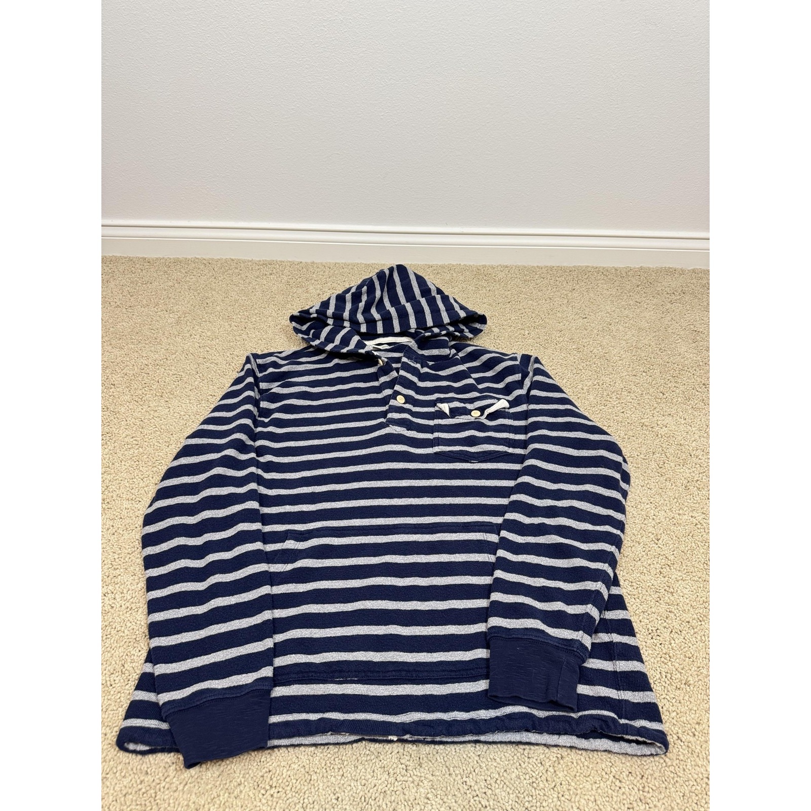 J Crew Hoodie Mens Large Blue Striped Knit Pullover Henley Pullover Terry Cloth